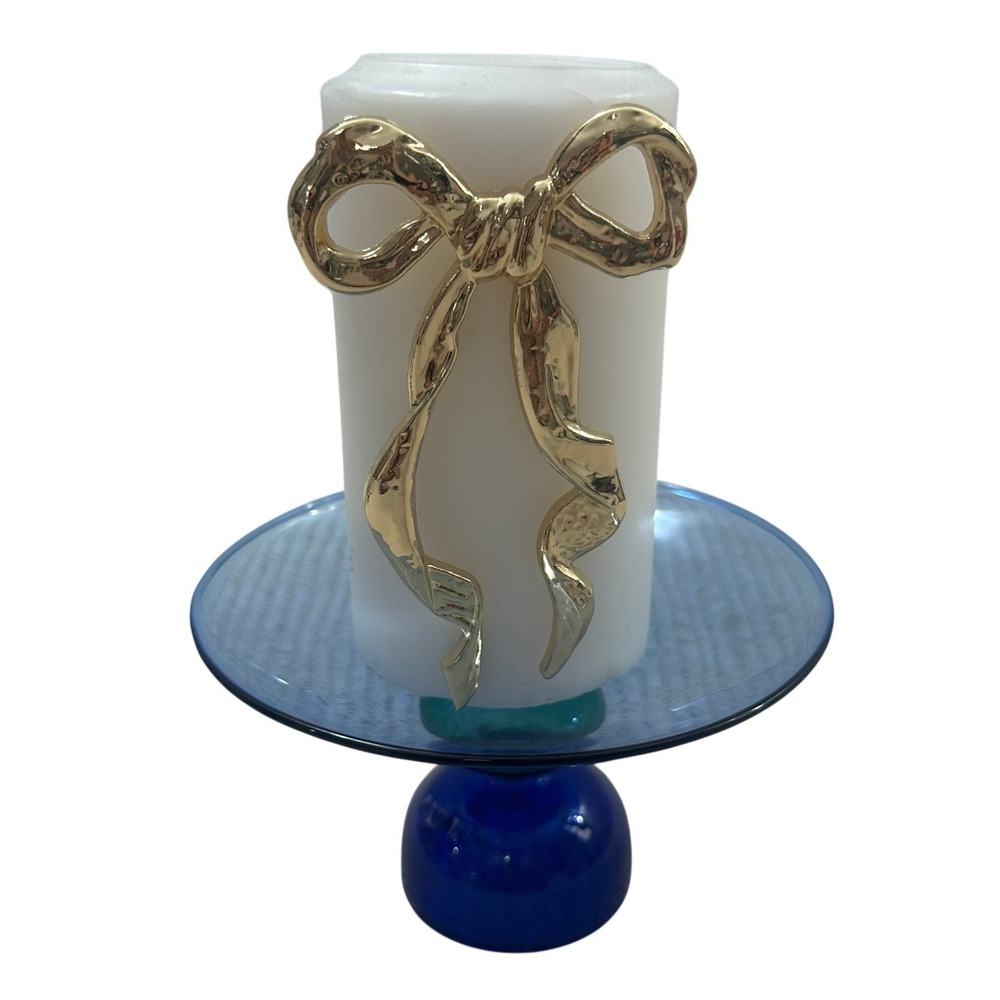 Anthropologie Blue Glass Taper Pillar Candle Holder Pedestal Stand 6.5" Wide NEW